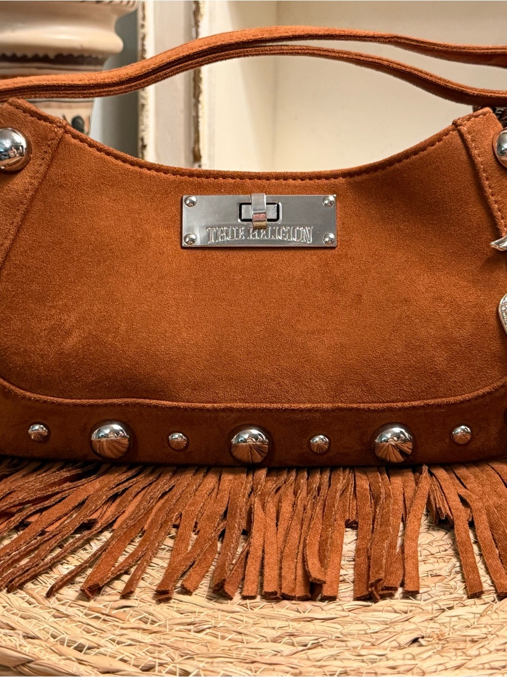 True Religion Rust Brown Suede Fringe Shoulder Bag with Studs - Picture 2 of 13